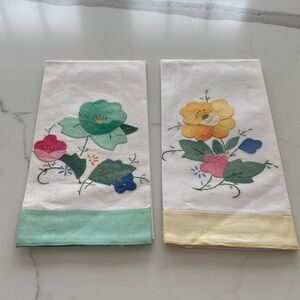 Two Floral Embroidered Tea Towels / Hand Towels